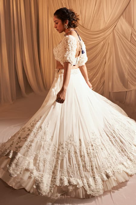 Shop Aakansha Gupta Ivory Organza, Net, Silk Pearls, Sequins, Embroidery Square Floral Lehenga Set at Aza Fashions Shop_Aakansha Gupta_Ivory Organza, Net, Silk Pearls, Sequins, Embroidery Square Floral Lehenga Set _at_Aza_Fashions