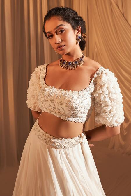 Aakansha Gupta Ivory Organza, Net, Silk Pearls, Sequins, Embroidery Square Floral Lehenga Set Online at Aza Fashions Aakansha Gupta_Ivory Organza, Net, Silk Pearls, Sequins, Embroidery Square Floral Lehenga Set _Online_at_Aza_Fashions
