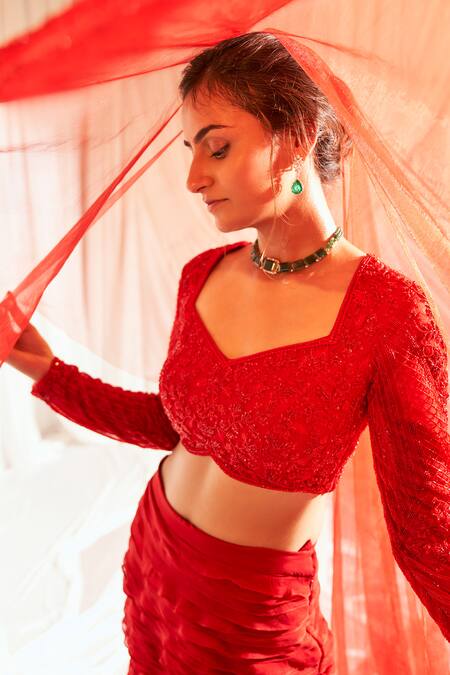 Buy Aakansha Gupta Red Organza, Net Embroidery Split V-neck Rose Petal Lehenga Set Online at Aza Fashions Buy_Aakansha Gupta_Red Organza, Net Embroidery Split V-neck Rose Petal Lehenga Set _Online_at_Aza_Fashions