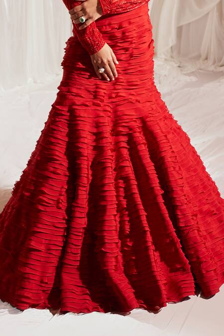 Shop Aakansha Gupta Red Organza, Net Embroidery Split V-neck Rose Petal Lehenga Set Online at Aza Fashions Shop_Aakansha Gupta_Red Organza, Net Embroidery Split V-neck Rose Petal Lehenga Set _Online_at_Aza_Fashions