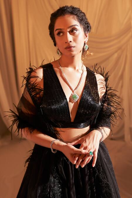 Buy Aakansha Gupta Black Organza, Net, Silk Sequins, Pearls, Opal Stripe Embroidered Lehenga Set Online at Aza Fashions Buy_Aakansha Gupta_Black Organza, Net, Silk Sequins, Pearls, Opal Stripe Embroidered Lehenga Set _Online_at_Aza_Fashions