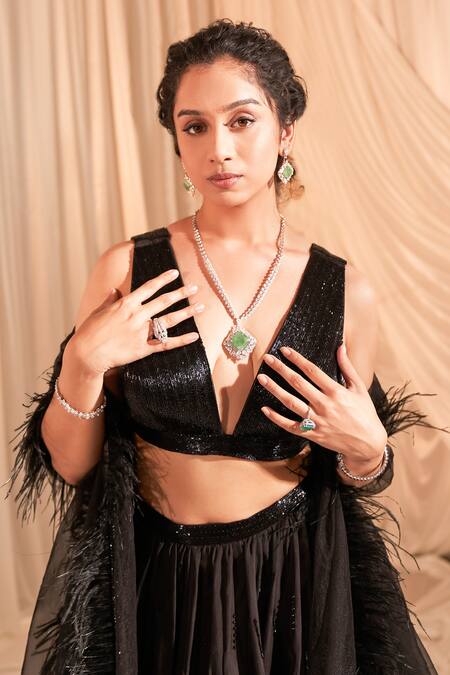 Aakansha Gupta Black Organza, Net, Silk Sequins, Pearls, Opal Stripe Embroidered Lehenga Set at Aza Fashions Aakansha Gupta_Black Organza, Net, Silk Sequins, Pearls, Opal Stripe Embroidered Lehenga Set _at_Aza_Fashions