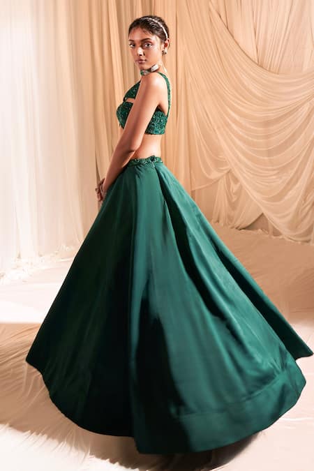 Aakansha Gupta Green Silk, Net, Satin Beads, Sequins, Cut Work Embroidered V Lehenga Set Online at Aza Fashions Aakansha Gupta_Green Silk, Net, Satin Beads, Sequins, Cut Work Embroidered V Lehenga Set _Online_at_Aza_Fashions