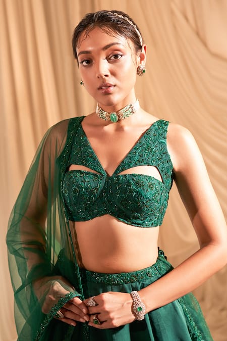 Buy Aakansha Gupta Green Silk, Net, Satin Beads, Sequins, Cut Work Embroidered V Lehenga Set Online at Aza Fashions Buy_Aakansha Gupta_Green Silk, Net, Satin Beads, Sequins, Cut Work Embroidered V Lehenga Set _Online_at_Aza_Fashions