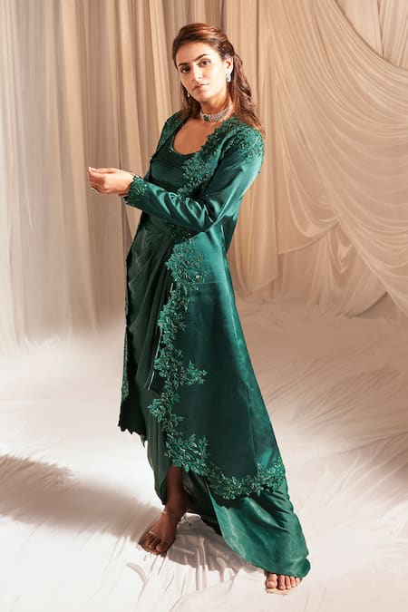 Shop Aakansha Gupta Green Satin Zari, Cut Work, Sequins Round Embellished Jacket Dhoti Skirt Set at Aza Fashions Shop_Aakansha Gupta_Green Satin Zari, Cut Work, Sequins Round Embellished Jacket Dhoti Skirt Set _at_Aza_Fashions
