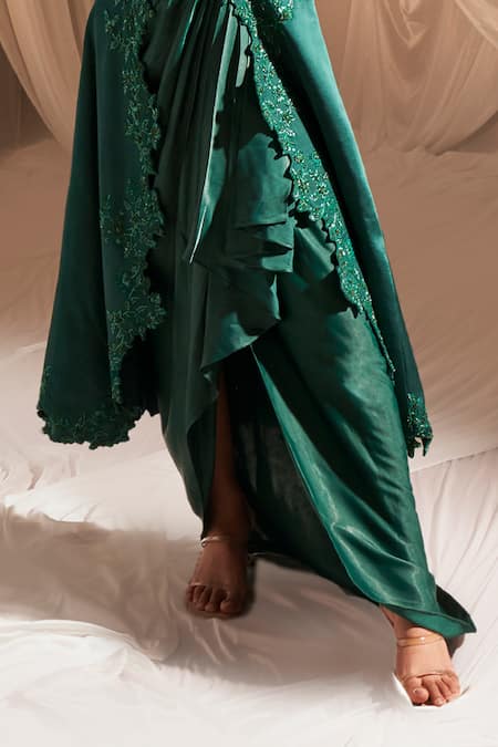 Aakansha Gupta Green Satin Zari, Cut Work, Sequins Round Embellished Jacket Dhoti Skirt Set Online at Aza Fashions Aakansha Gupta_Green Satin Zari, Cut Work, Sequins Round Embellished Jacket Dhoti Skirt Set _Online_at_Aza_Fashions