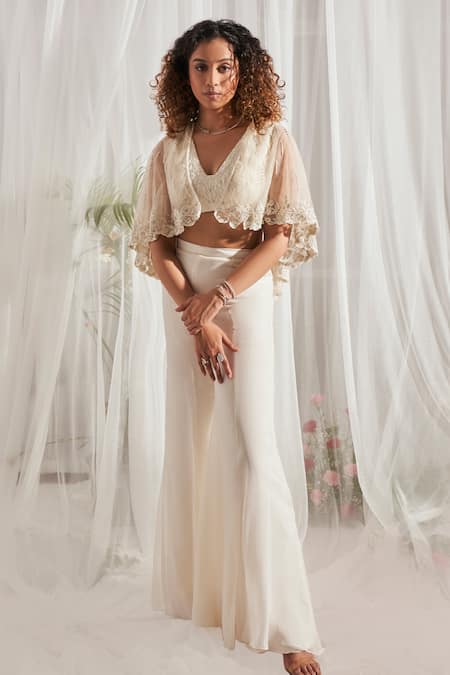 Aakansha Gupta Ivory Silk, Organza Beads, Sequins, Cut Work V-neck Embroidered Cape And Pant Set