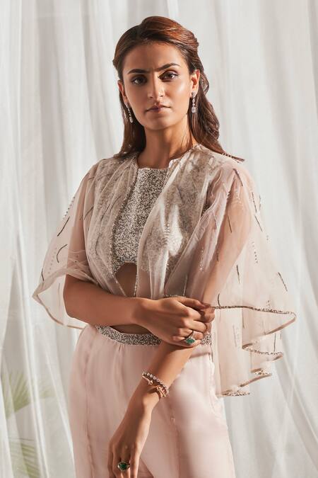 Aakansha Gupta Peach Silk Beads, Sequins, Cut Work Boat Neck Embroidered Cape Pant Set Online at Aza Fashions Aakansha Gupta_Peach Silk Beads, Sequins, Cut Work Boat Neck Embroidered Cape Pant Set _Online_at_Aza_Fashions