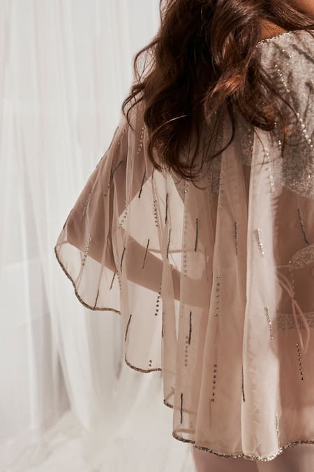 Buy Aakansha Gupta Peach Silk Beads, Sequins, Cut Work Boat Neck Embroidered Cape Pant Set Online at Aza Fashions Buy_Aakansha Gupta_Peach Silk Beads, Sequins, Cut Work Boat Neck Embroidered Cape Pant Set _Online_at_Aza_Fashions