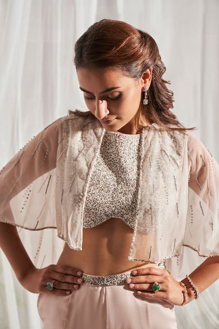 Shop Aakansha Gupta Peach Silk Beads, Sequins, Cut Work Boat Neck Embroidered Cape Pant Set Online at Aza Fashions Shop_Aakansha Gupta_Peach Silk Beads, Sequins, Cut Work Boat Neck Embroidered Cape Pant Set _Online_at_Aza_Fashions