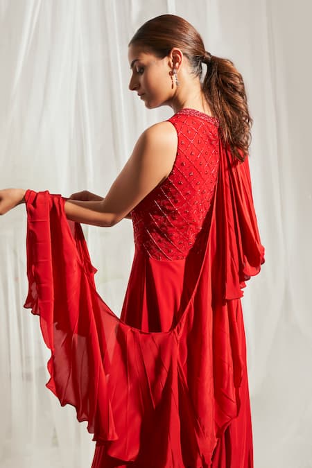 Shop Aakansha Gupta Red Net, Crepe Cut Work, Sequins Round Neck Ella Yoke Embroidered Jumpsuit at Aza Fashions Shop_Aakansha Gupta_Red Net, Crepe Cut Work, Sequins Round Neck Ella Yoke Embroidered Jumpsuit _at_Aza_Fashions