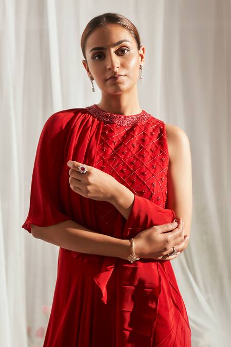 Aakansha Gupta Red Net, Crepe Cut Work, Sequins Round Neck Ella Yoke Embroidered Jumpsuit Online at Aza Fashions Aakansha Gupta_Red Net, Crepe Cut Work, Sequins Round Neck Ella Yoke Embroidered Jumpsuit _Online_at_Aza_Fashions