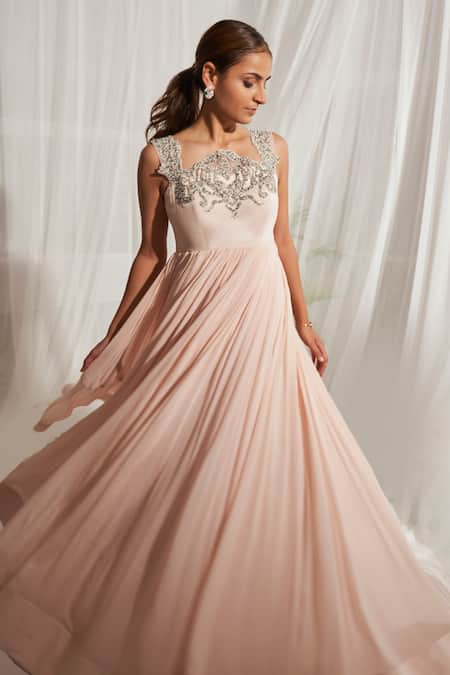 Shop Aakansha Gupta Peach Chiffon, Silk Beads, Cut Work Neckline Embroidered Anarkali at Aza Fashions Shop_Aakansha Gupta_Peach Chiffon, Silk Beads, Cut Work Neckline Embroidered Anarkali _at_Aza_Fashions