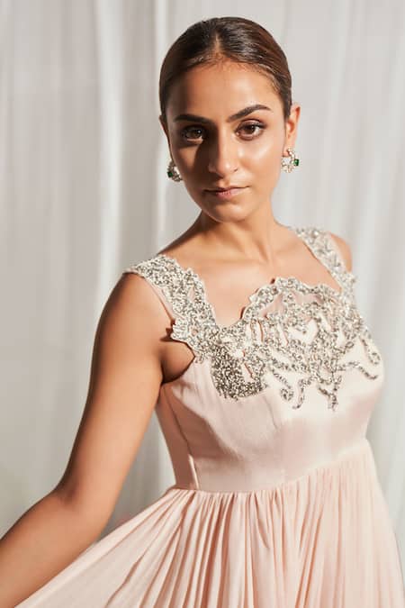 Aakansha Gupta Peach Chiffon, Silk Beads, Cut Work Neckline Embroidered Anarkali Online at Aza Fashions Aakansha Gupta_Peach Chiffon, Silk Beads, Cut Work Neckline Embroidered Anarkali _Online_at_Aza_Fashions