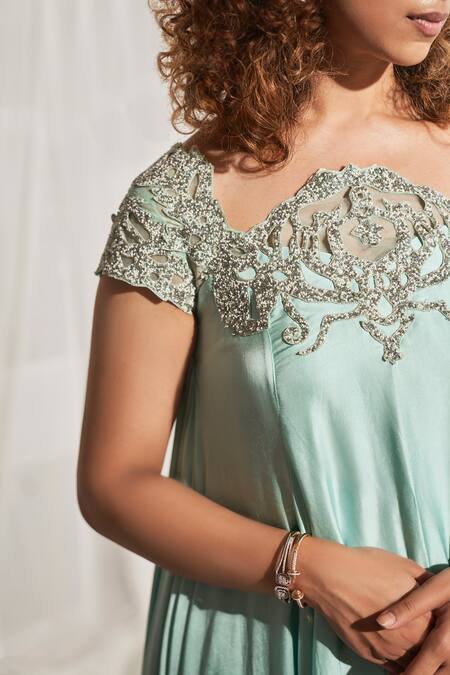 Buy_Aakansha Gupta_Blue Satin Beads, Cut Work Asymmetric Tiffany Neckline Embroidered Dress _Online_at_Aza_Fashions