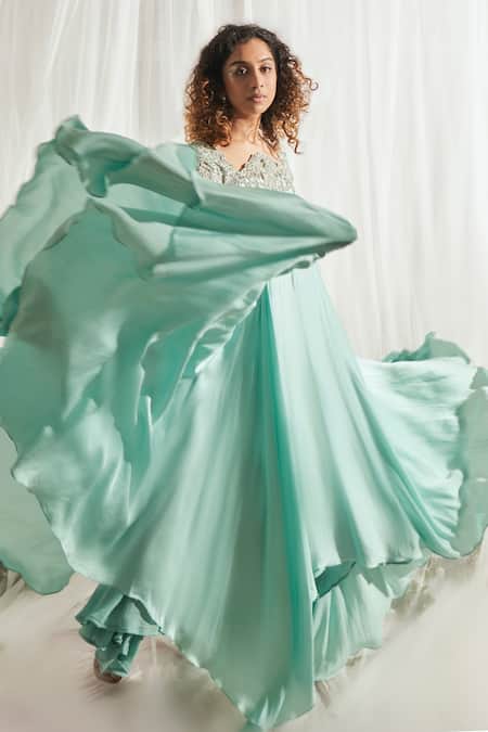 Shop_Aakansha Gupta_Blue Satin Beads, Cut Work Asymmetric Tiffany Neckline Embroidered Dress _Online_at_Aza_Fashions