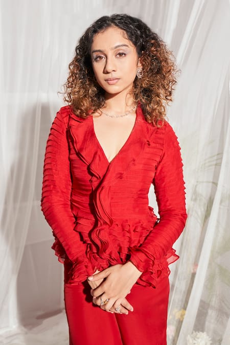 Shop_Aakansha Gupta_Red Organza, Satin Ruffles V-neck Noa Top And Flared Pant Set _Online_at_Aza_Fashions