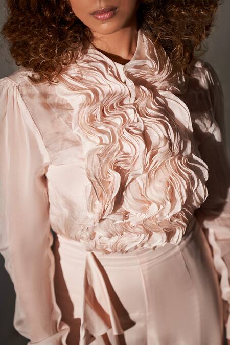 Buy_Aakansha Gupta_Peach Organza, Satin High Neck Ruffle Jumpsuit With Bustier _Online_at_Aza_Fashions