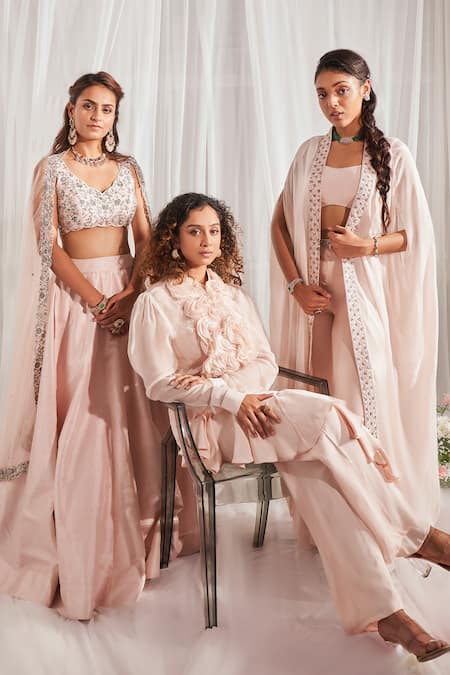 Shop Aakansha Gupta Peach Silk Beads, Cut Work Scoop Neck Embroidered Cape Flared Pant Set at Aza Fashions Shop_Aakansha Gupta_Peach Silk Beads, Cut Work Scoop Neck Embroidered Cape Flared Pant Set _at_Aza_Fashions