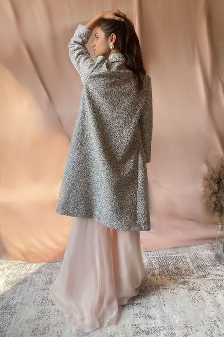 Shop Aakansha Gupta Peach Satin, Silk, Organza Pearls, Cut Work Scoop Embroidered Jacket Pant Set at Aza Fashions Shop_Aakansha Gupta_Peach Satin, Silk, Organza Pearls, Cut Work Scoop Embroidered Jacket Pant Set _at_Aza_Fashions