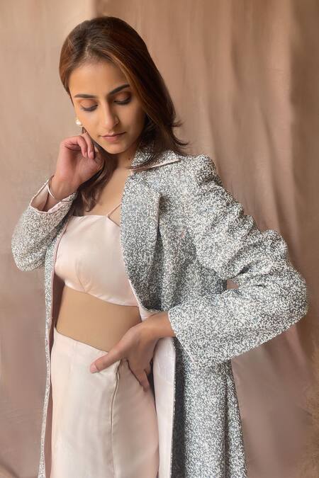Aakansha Gupta Peach Satin, Silk, Organza Pearls, Cut Work Scoop Embroidered Jacket Pant Set Online at Aza Fashions Aakansha Gupta_Peach Satin, Silk, Organza Pearls, Cut Work Scoop Embroidered Jacket Pant Set _Online_at_Aza_Fashions