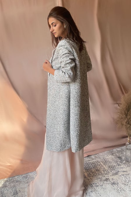 Aakansha Gupta Peach Satin, Silk, Organza Pearls, Cut Work Scoop Embroidered Jacket Pant Set at Aza Fashions Aakansha Gupta_Peach Satin, Silk, Organza Pearls, Cut Work Scoop Embroidered Jacket Pant Set _at_Aza_Fashions