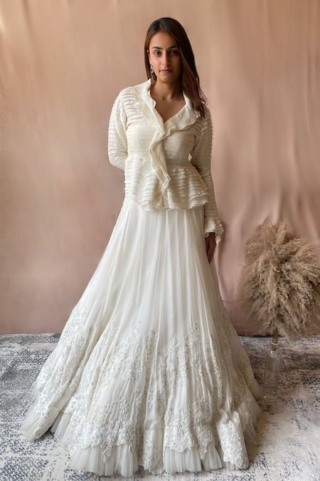 Aakansha Gupta_Ivory Organza, Satin Sequins, Beads V-neck Ruffle Top Lehenga Set _Online_at_Aza_Fashions