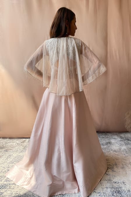 Shop Aakansha Gupta Peach Silk, Net, Tussar Cut Work, Pearls Stripe Embroidered Cape Lehenga Set at Aza Fashions Shop_Aakansha Gupta_Peach Silk, Net, Tussar Cut Work, Pearls Stripe Embroidered Cape Lehenga Set _at_Aza_Fashions