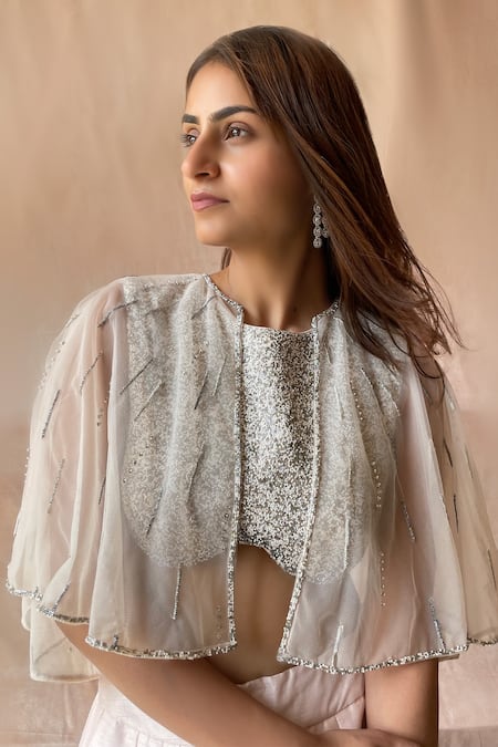 Aakansha Gupta Peach Silk, Net, Tussar Cut Work, Pearls Stripe Embroidered Cape Lehenga Set Online at Aza Fashions Aakansha Gupta_Peach Silk, Net, Tussar Cut Work, Pearls Stripe Embroidered Cape Lehenga Set _Online_at_Aza_Fashions
