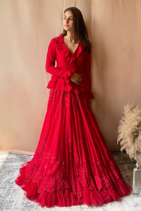 Shop Aakansha Gupta Red Organza, Satin Sequins, Beads, Cut Work Collared Ruffle Lehenga Top Set at Aza Fashions Shop_Aakansha Gupta_Red Organza, Satin Sequins, Beads, Cut Work Collared Ruffle Lehenga Top Set _at_Aza_Fashions