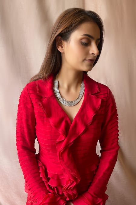 Aakansha Gupta Red Organza, Satin Sequins, Beads, Cut Work Collared Ruffle Lehenga Top Set Online at Aza Fashions Aakansha Gupta_Red Organza, Satin Sequins, Beads, Cut Work Collared Ruffle Lehenga Top Set _Online_at_Aza_Fashions