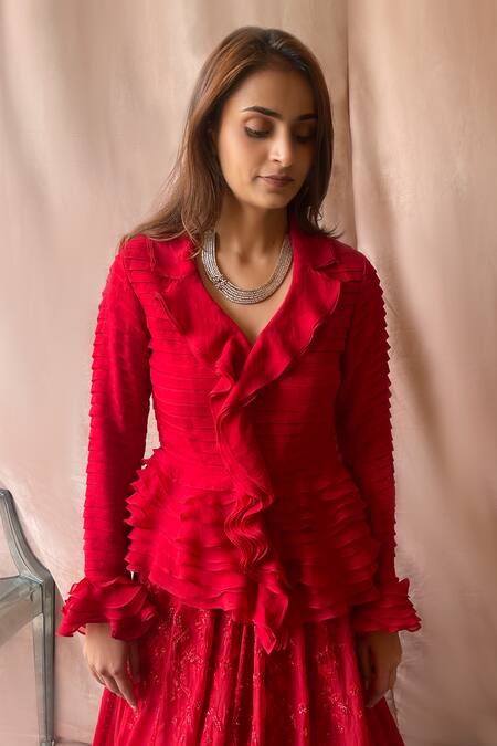 Buy Aakansha Gupta Red Organza, Satin Sequins, Beads, Cut Work Collared Ruffle Lehenga Top Set Online at Aza Fashions Buy_Aakansha Gupta_Red Organza, Satin Sequins, Beads, Cut Work Collared Ruffle Lehenga Top Set _Online_at_Aza_Fashions