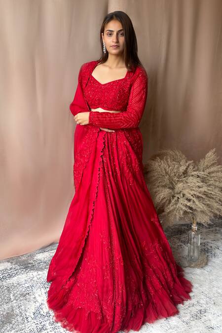 Buy Aakansha Gupta Red Organza, Net Cut Work, Sequins Mandarin Bloom Embroidered Bridal Lehenga Set Online at Aza Fashions Buy_Aakansha Gupta_Red Organza, Net Cut Work, Sequins Mandarin Bloom Embroidered Bridal Lehenga Set _Online_at_Aza_Fashions