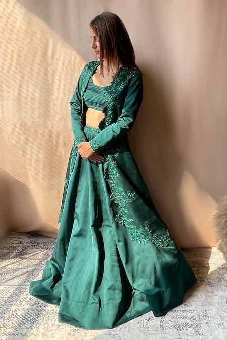 Buy Blue Raw Silk Embroidery Thread Round Saree Gown With Dupatta For Women  by Rishi and Soujit Online at Aza Fashions.