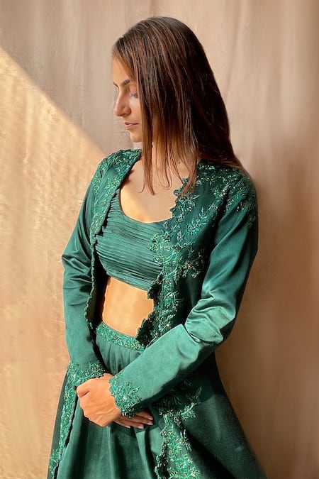 Aakansha Gupta_Green Satin Sequins, Cut Work Round Neck, Cutdana Embroidered Jacket Lehenga Set _Online_at_Aza_Fashions