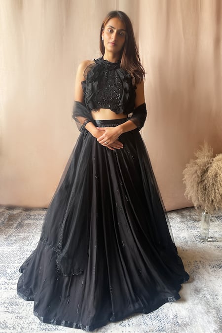 Embroidered Net Black Lehenga LLCV113955