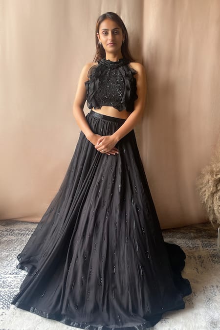 Shop Aakansha Gupta Black Organza, Net Beads, Cut Work, Sequins, Ruffle Blouse Lehenga Set at Aza Fashions Shop_Aakansha Gupta_Black Organza, Net Beads, Cut Work, Sequins, Ruffle Blouse Lehenga Set _at_Aza_Fashions