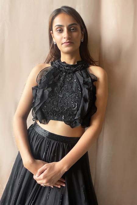 Lace Halter Choli Top in Black