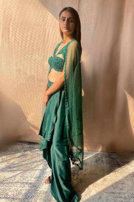Shop Aakansha Gupta Green Silk, Satin Sequins, Cut Work Scoop Embroidered Cape And Draped Skirt Set at Aza Fashions Shop_Aakansha Gupta_Green Silk, Satin Sequins, Cut Work Scoop Embroidered Cape And Draped Skirt Set _at_Aza_Fashions