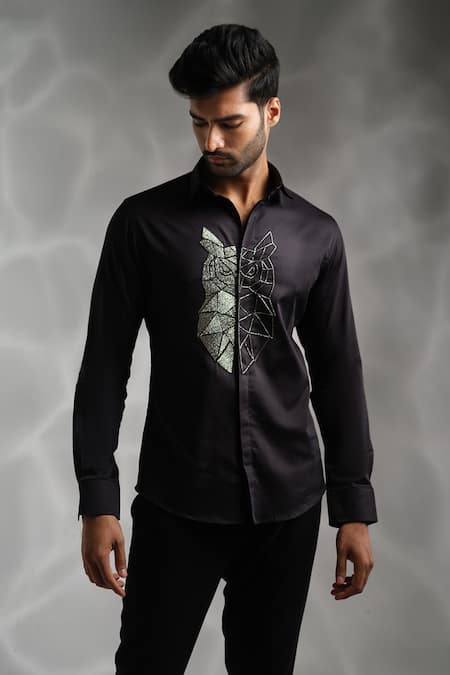 Sanjana Reddy Designs Black Cotton Cut Work Big Owl Embroidered Shirt 