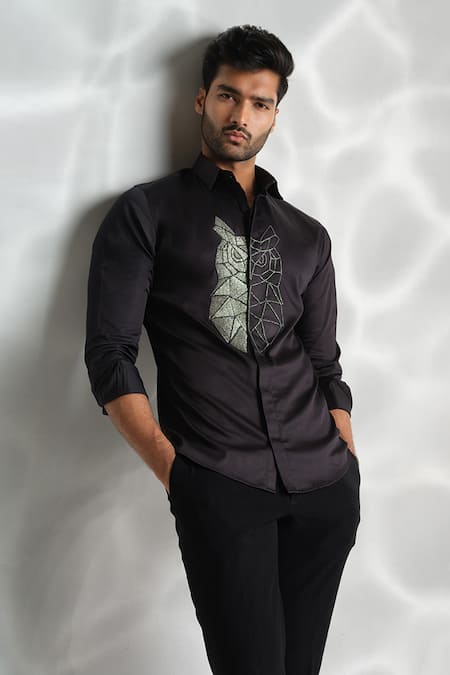 Shop Sanjana Reddy Designs Black Cotton Cut Work Big Owl Embroidered Shirt at Aza Fashions Shop_Sanjana Reddy Designs_Black Cotton Cut Work Big Owl Embroidered Shirt _at_Aza_Fashions