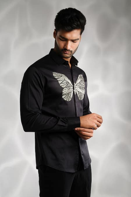 Shop Sanjana Reddy Designs Black Cotton Cut Work Butterfly Embroidered Shirt at Aza Fashions Shop_Sanjana Reddy Designs_Black Cotton Cut Work Butterfly Embroidered Shirt _at_Aza_Fashions