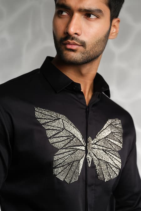 Sanjana Reddy Designs Black Cotton Cut Work Butterfly Embroidered Shirt Online at Aza Fashions Sanjana Reddy Designs_Black Cotton Cut Work Butterfly Embroidered Shirt _Online_at_Aza_Fashions