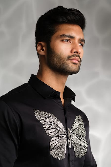Shop Sanjana Reddy Designs Black Cotton Cut Work Butterfly Embroidered Shirt Online at Aza Fashions Shop_Sanjana Reddy Designs_Black Cotton Cut Work Butterfly Embroidered Shirt _Online_at_Aza_Fashions