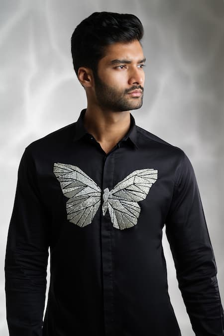 Sanjana Reddy Designs Black Cotton Cut Work Butterfly Embroidered Shirt Online at Aza Fashions Sanjana Reddy Designs_Black Cotton Cut Work Butterfly Embroidered Shirt _Online_at_Aza_Fashions