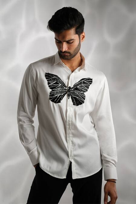 Shop_Sanjana Reddy Designs_White Cotton Cut Work Butterfly Embroidered Shirt _at_Aza_Fashions