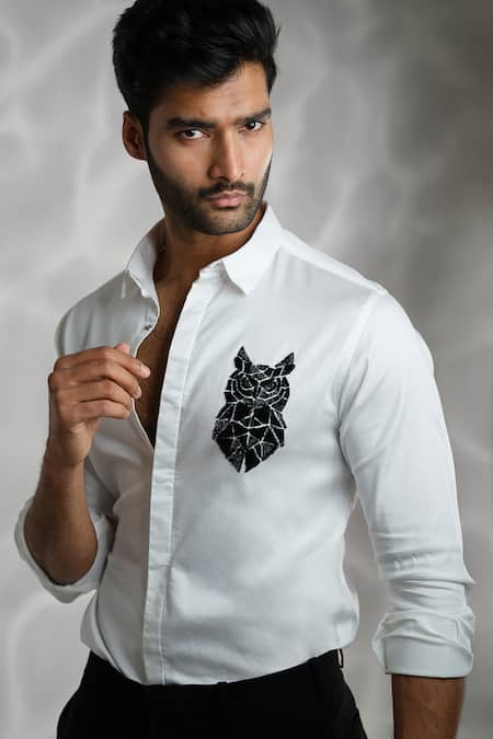 Shop Sanjana Reddy Designs White Cotton Embroidery Small Owl Shirt at Aza Fashions Shop_Sanjana Reddy Designs_White Cotton Embroidery Small Owl Shirt _at_Aza_Fashions
