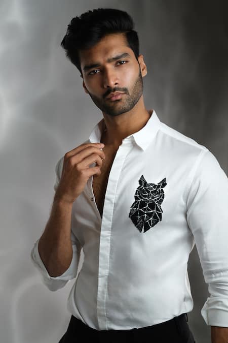 Sanjana Reddy Designs White Cotton Embroidery Small Owl Shirt Online at Aza Fashions Sanjana Reddy Designs_White Cotton Embroidery Small Owl Shirt _Online_at_Aza_Fashions