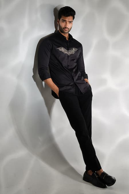 Sanjana Reddy Designs_Black Cotton Embroidery Bat Shirt _Online_at_Aza_Fashions