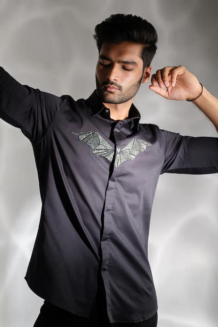 Buy_Sanjana Reddy Designs_Black Cotton Embroidery Bat Shirt _Online_at_Aza_Fashions